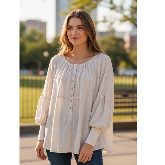 Free People Tops - Free People Oversized Knit Balloon Sleeve Blue Bell‎ Henley XS Beige Long Sleeve